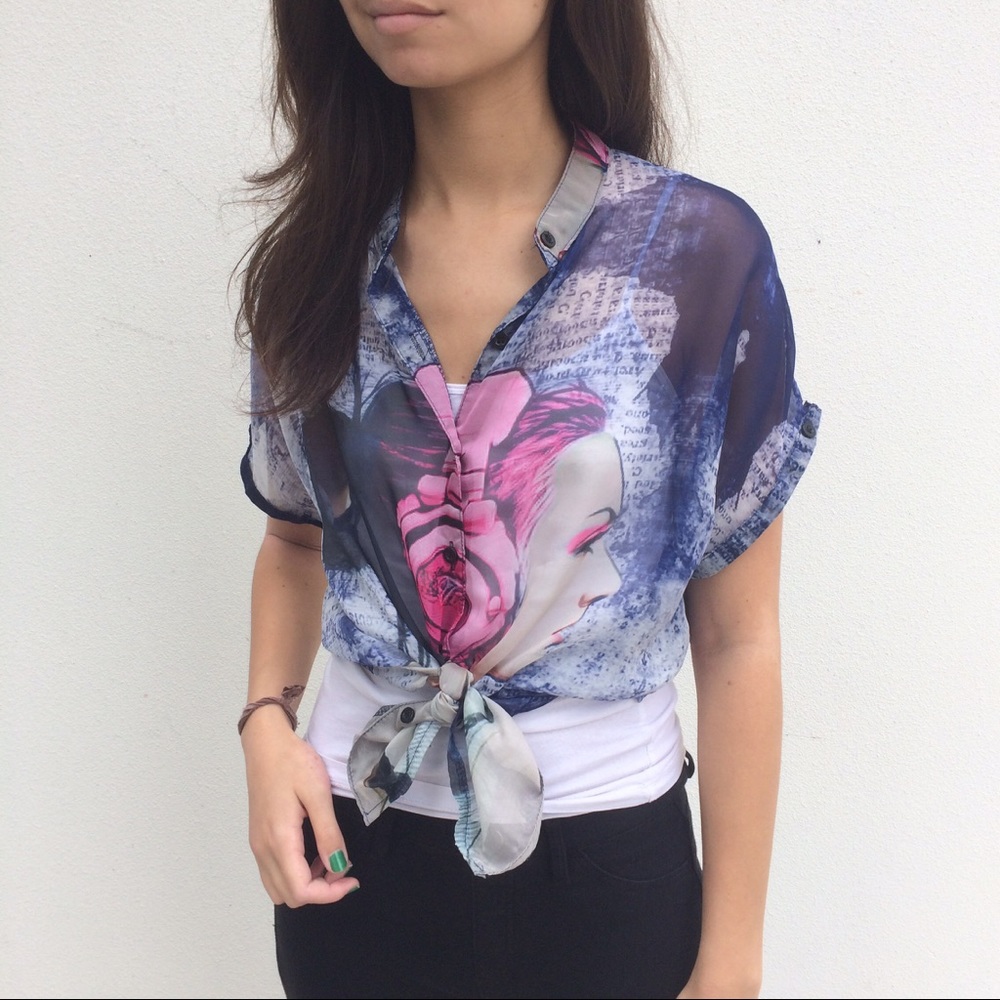 Headphone Girl Sheer Button Top